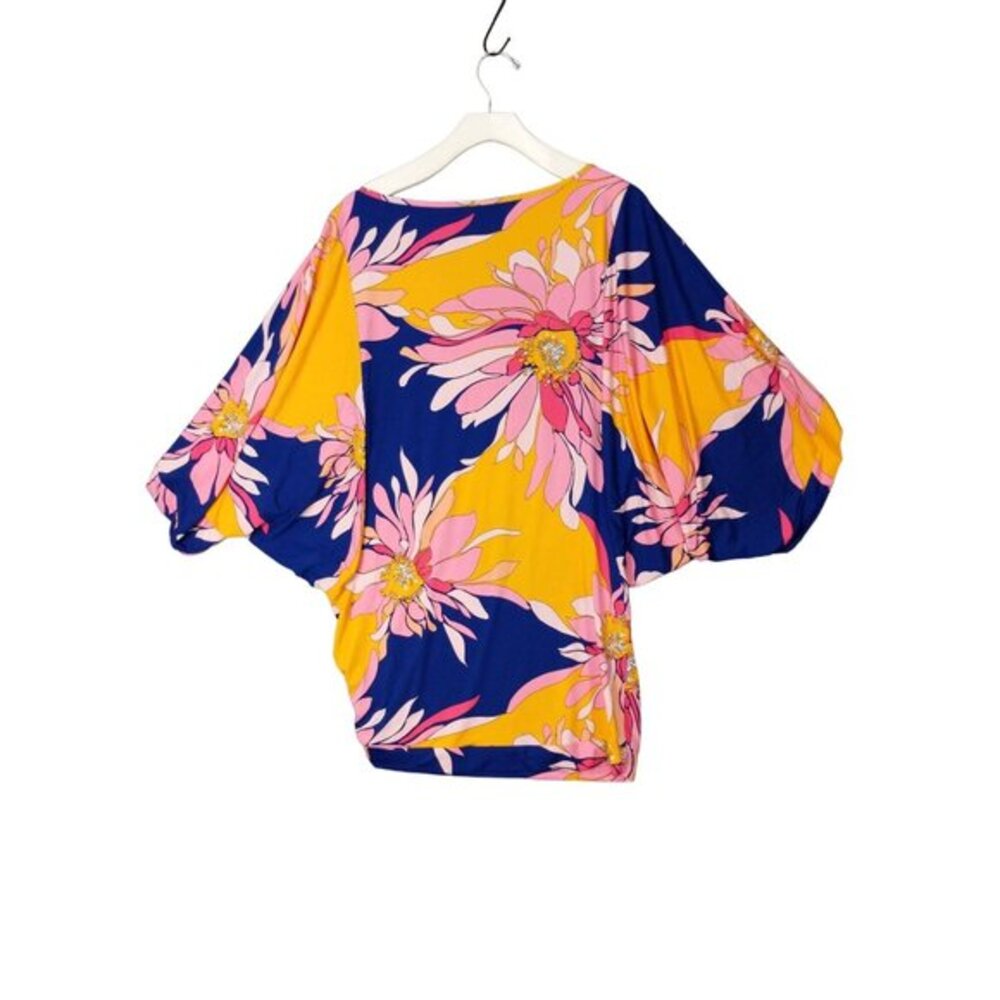Trina Turk Women Retro 70s Tropical Floral Batwing Mini Dress M‎ Blue Yellow NEW